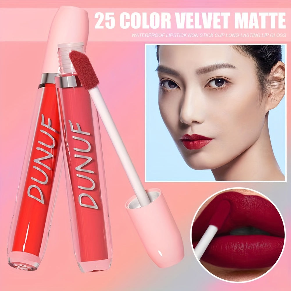 DUNUF 25pcs Matte Lipstick Set, Water-Resistant, Long-Lasting, Non-Fade, Non-Stick Cup, All Skin Types, Adult, Red & Mixed Tones, Matte Finish