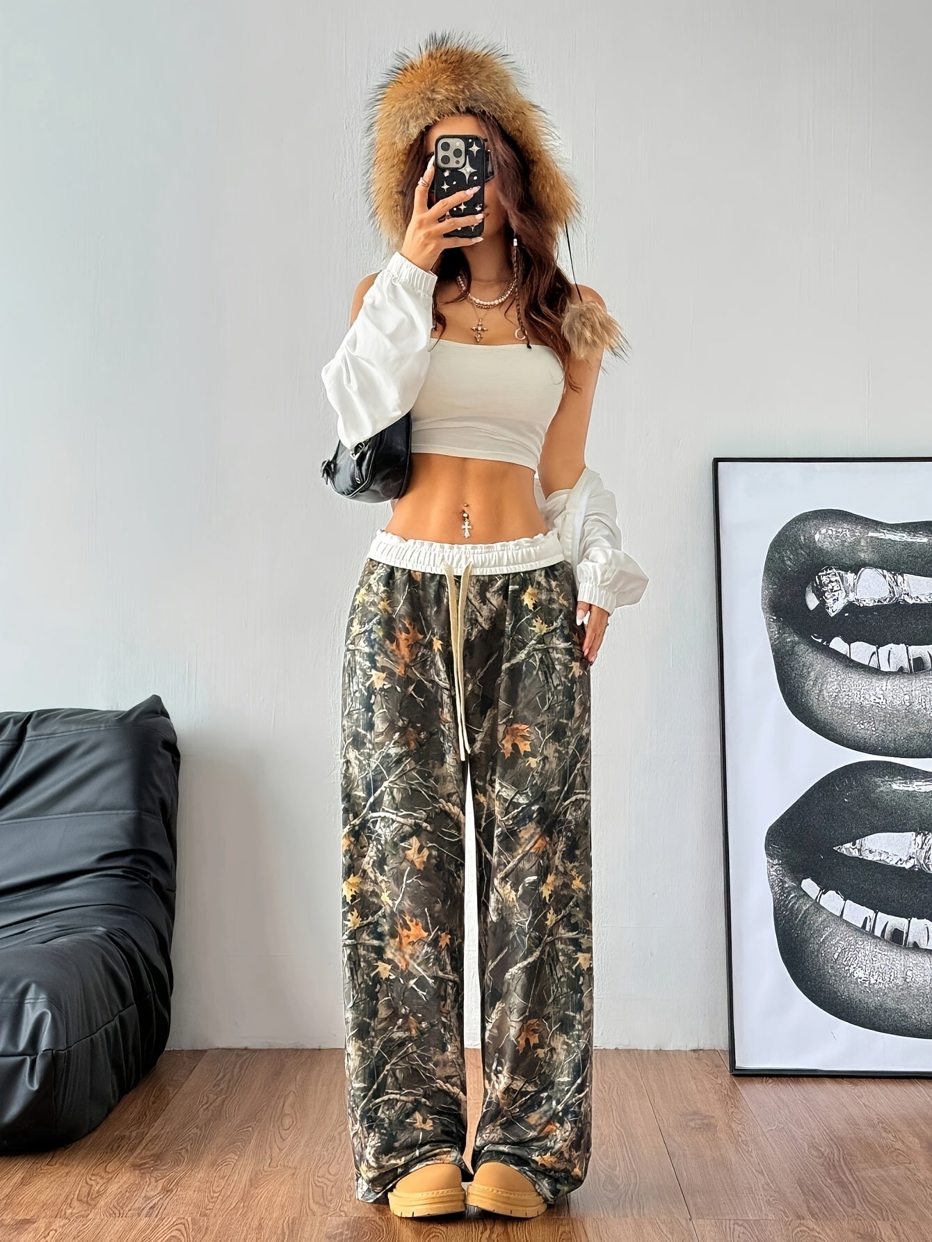 Women's Autumn and Winter Back-to-School Basic Knitted Camouflage Elastic Comfortable Military Green Wide-Leg Sports Pants