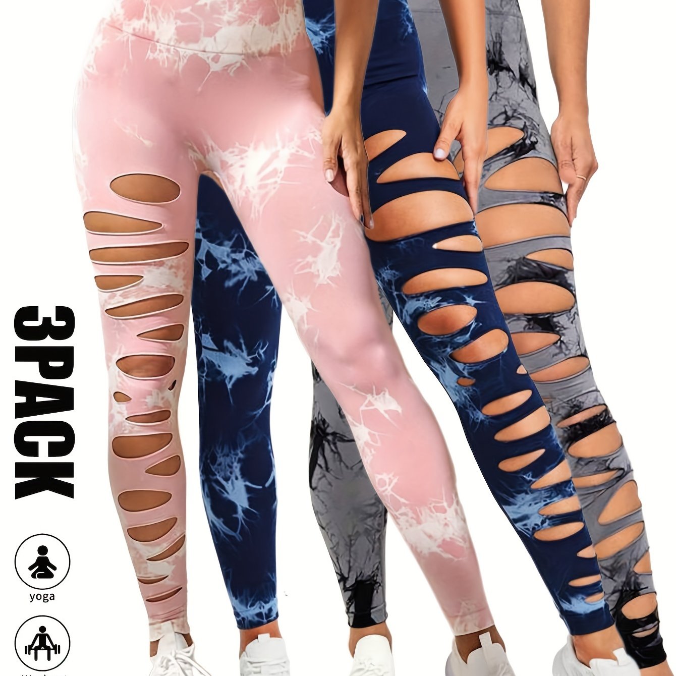 [3 Pack High Waist Yoga Leggings] 3 Pack Women's Tie Dye Cutout Tights High Waist Workout Yoga Leggings, Scrunch Butt Lifting Elastic Pants, Womens High Waist Yoga Pants Cutout Ripped Tummy Control Workout Running Yoga Skinny
