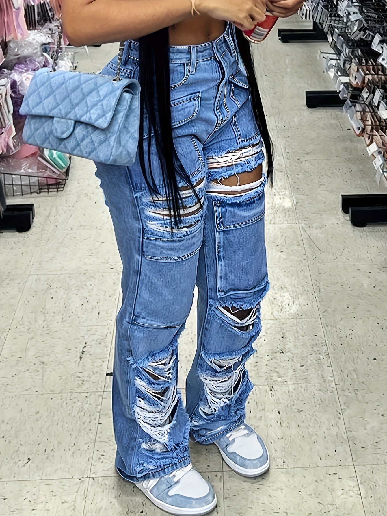 High Waisted Imitation Old Cut Hole Straight Leg Pants, Long Jeans, Loose Wide Leg Slanted Pockets And Button Closure, Multifunctional Women's Work Pants, Women's Jeans And Clothing