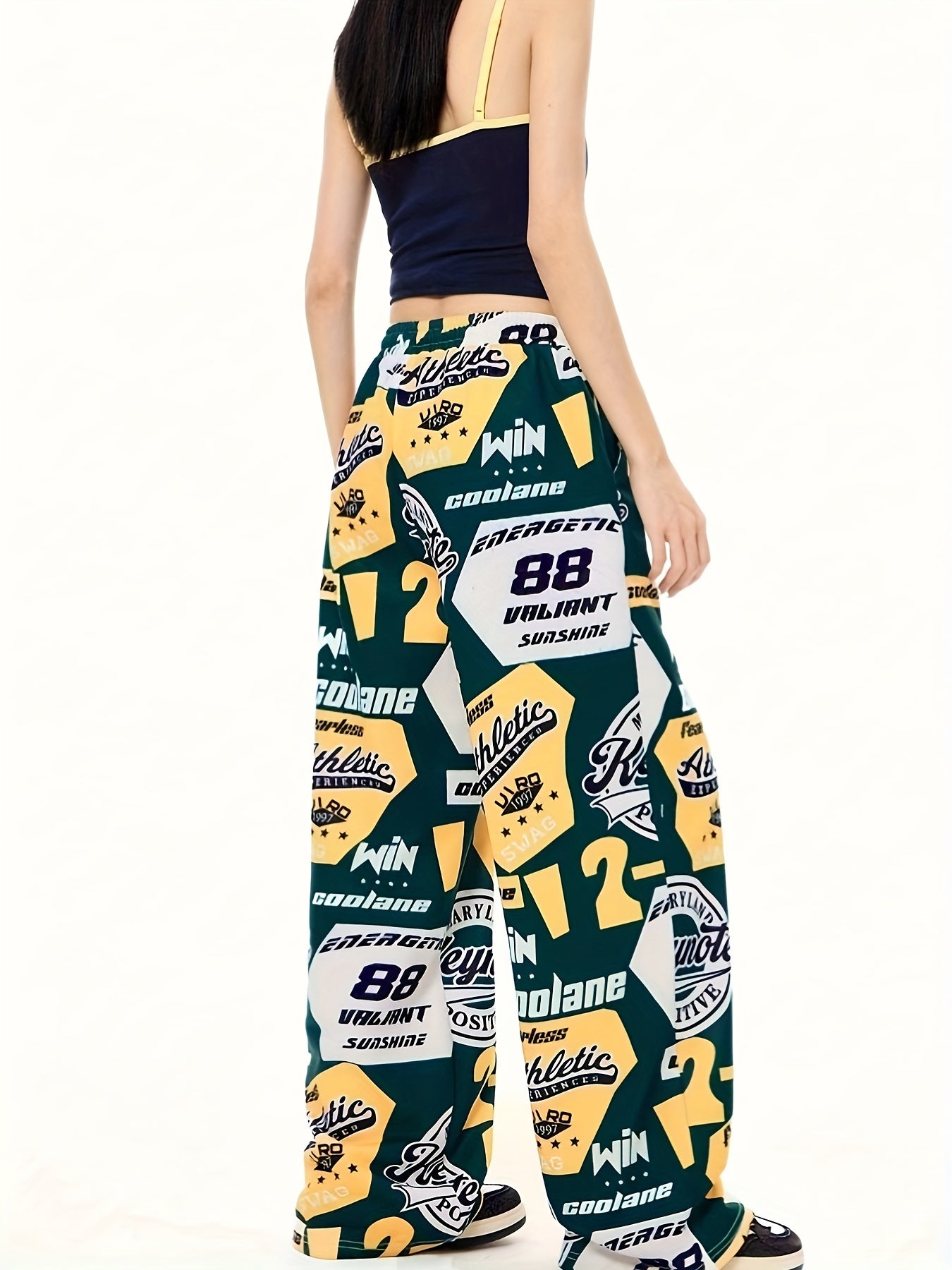 Women'S Y2K-Inspired Wide-Leg Athletic Pants with "Paris" Tank Top - Green, White, and Yellow Graphic Print, Drawstring Waist, Casual Sportswear, Casual Sportswear | Graphic Print Pants | Drawstring Waistband, Athletic Wear