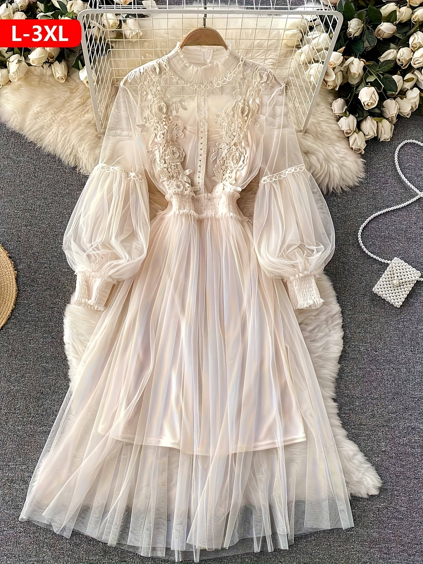 Plus Size Dresses Women'S Fashion Three-dimensional Flower Collage Sheer Mesh Balloon Sleeve Slim Long Dress Light Luxury Design Sense Women'S Chiffon Lace Shirt Suspender Base Shirt, Luxury Gift For Women
