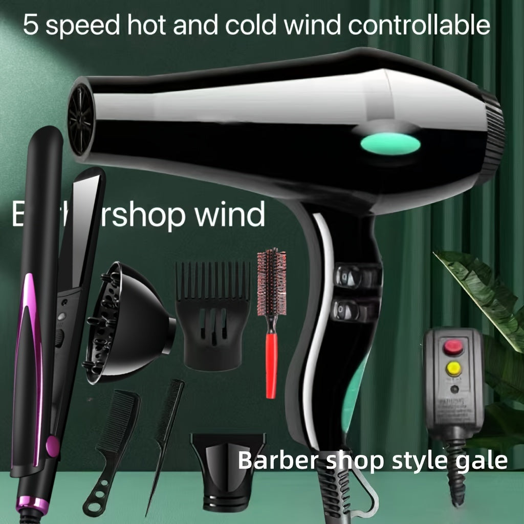 Professional 600W Hair Dryer with Negative Ions, Adjustable Temperature, 59.06-118.11inch Cord, US Plug, Includes Nozzle & Straightener, Non-Foldable Handle, for Home & Salon Use - Blue