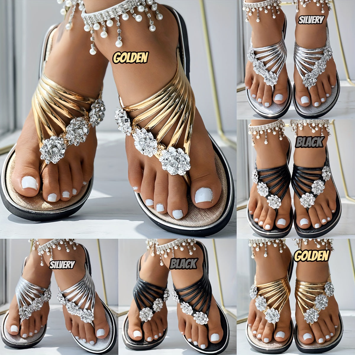 Women's Rhinestone Floral Hollow-Out Flip Flop Slippers – Open Toe Slip-On Sandals with Flat Heel & PVC Sole