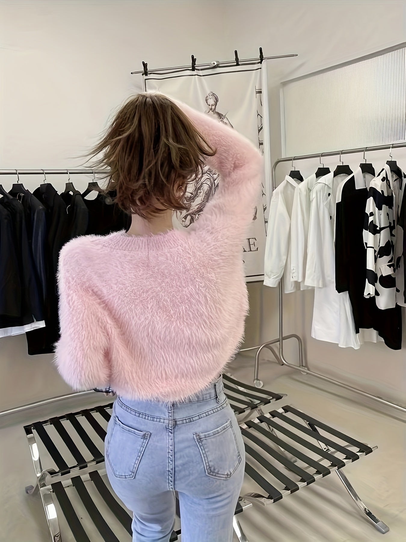 Faux Fur Crew Neck Sweater, Elegant Long Sleeve Sweater For Fall & Winter, Women's Clothing