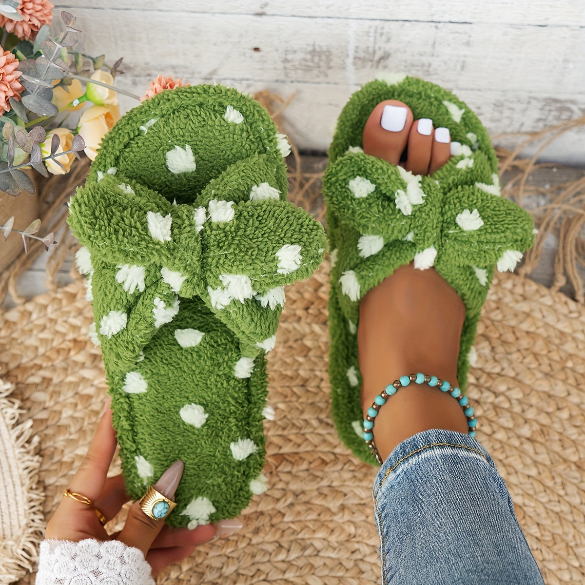 Women's Casual Polka Dot Pattern Slippers with Cute Bow, Comfortable Warm Plush Indoor House Shoes, Fabric Upper/Inner, EVA Sole, Hand Washable - Spring/Fall Season, House Slippers