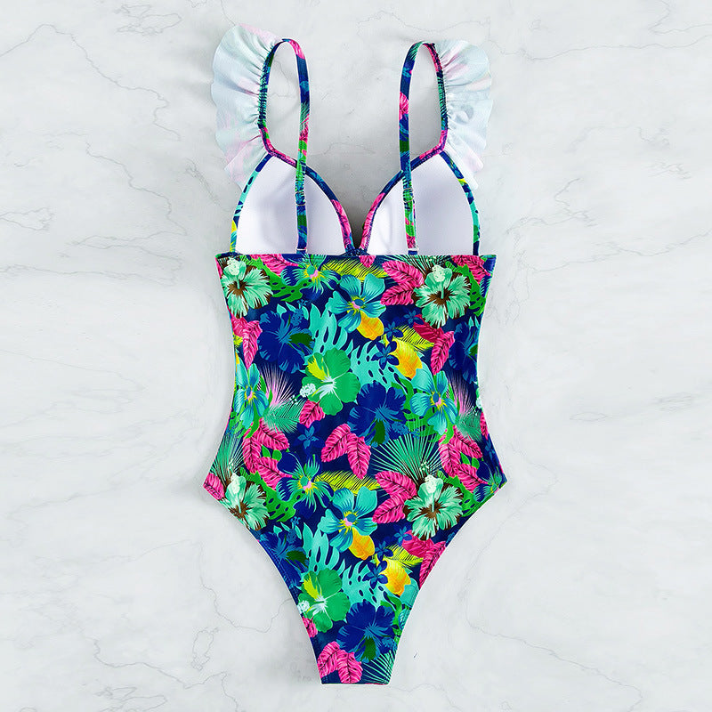 Bikini Ruffled Printed Backless One Piece Swimsuit Women