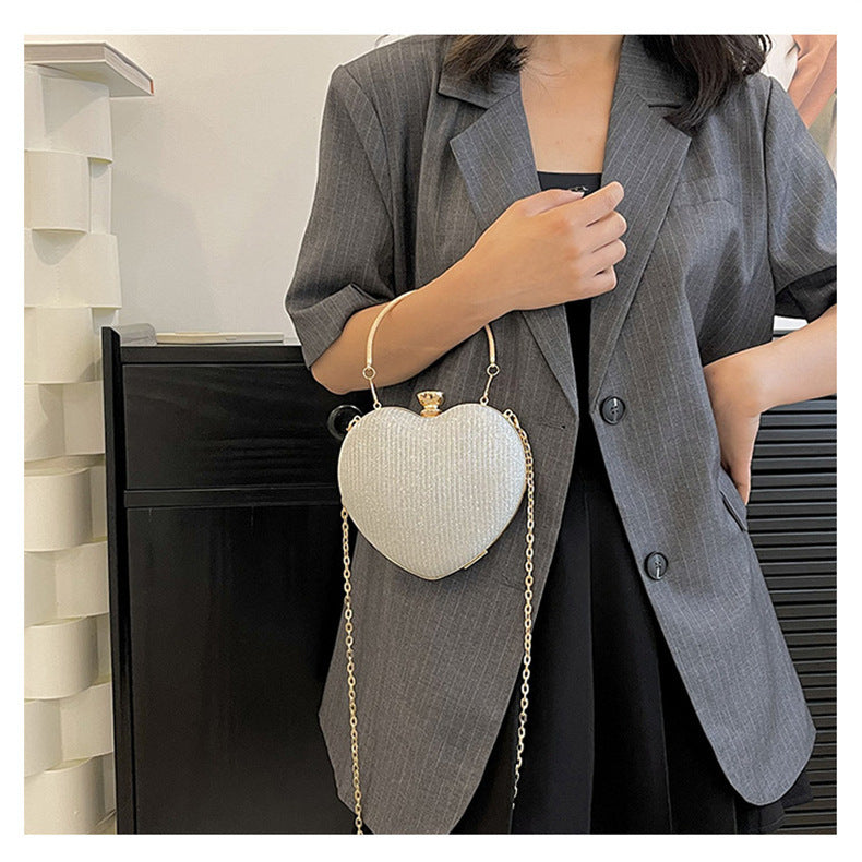 Ladies Fashion Shining Chain Crossbody Bag, Elegant Shoulder Heart Shaped, Metal Embellished, Black, with Buckle Closure, for Party, Wedding, Date