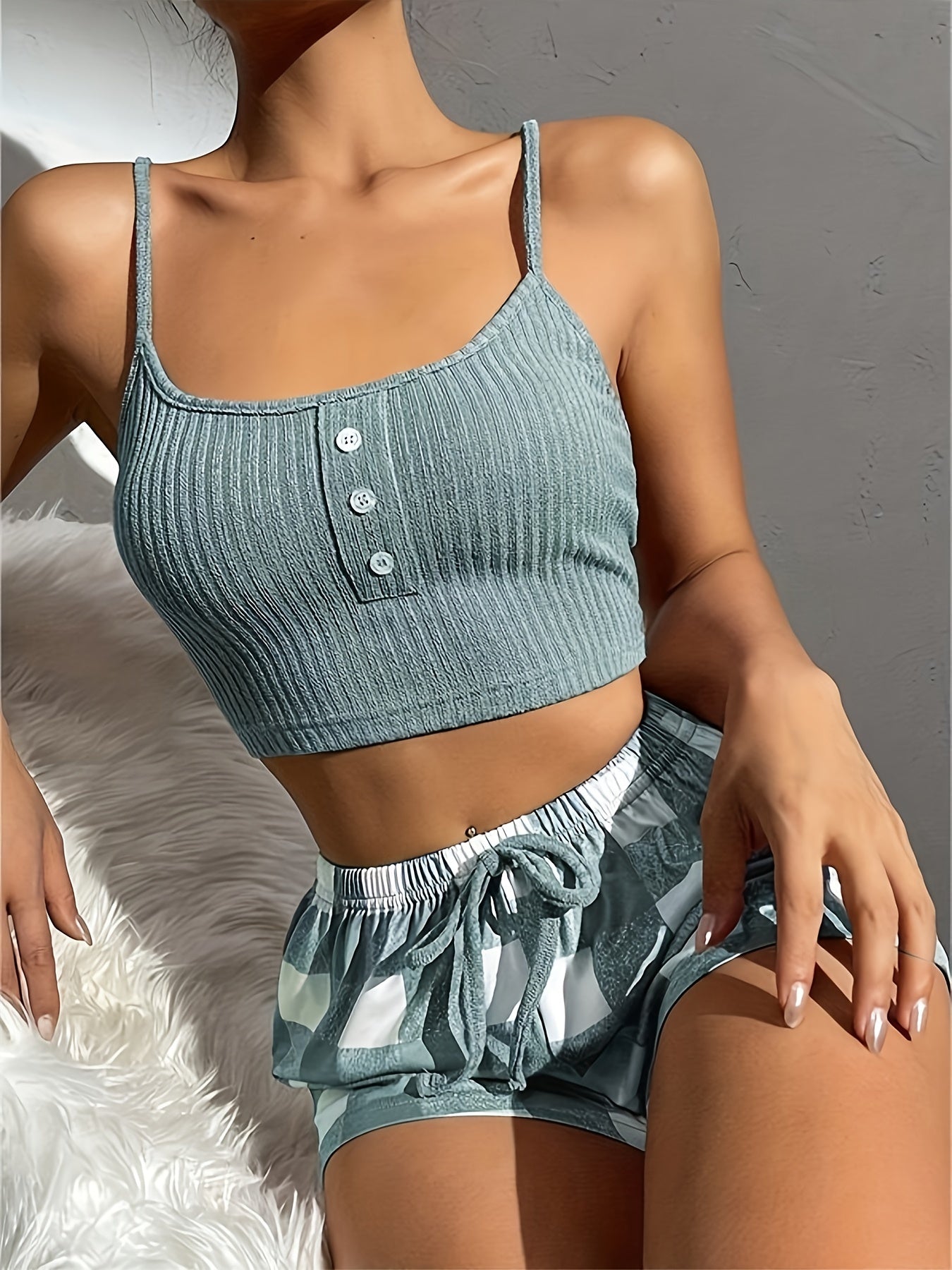 Women's Plaid Print Pajama Set - Casual Round Neck Backless Ribbed Button Decor Crop Cami Top & Drawstring Shorts - Soft & Comfortable Fabric - Perfect for Lounging & Sleep - Ideal Gift for Her