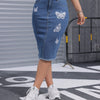 Women's High-Waisted Butterfly Print Denim Midi Skirt with Frayed Hem - Stretch Cotton, Casual Knee-Length Jean Skirt for Spring/Summer/Fall, Seasonal Fashion | Feminine Casualwear | Stretch Denim Blend