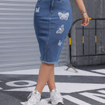 Women's High-Waisted Butterfly Print Denim Midi Skirt with Frayed Hem - Stretch Cotton, Casual Knee-Length Jean Skirt for Spring/Summer/Fall, Seasonal Fashion | Feminine Casualwear | Stretch Denim Blend