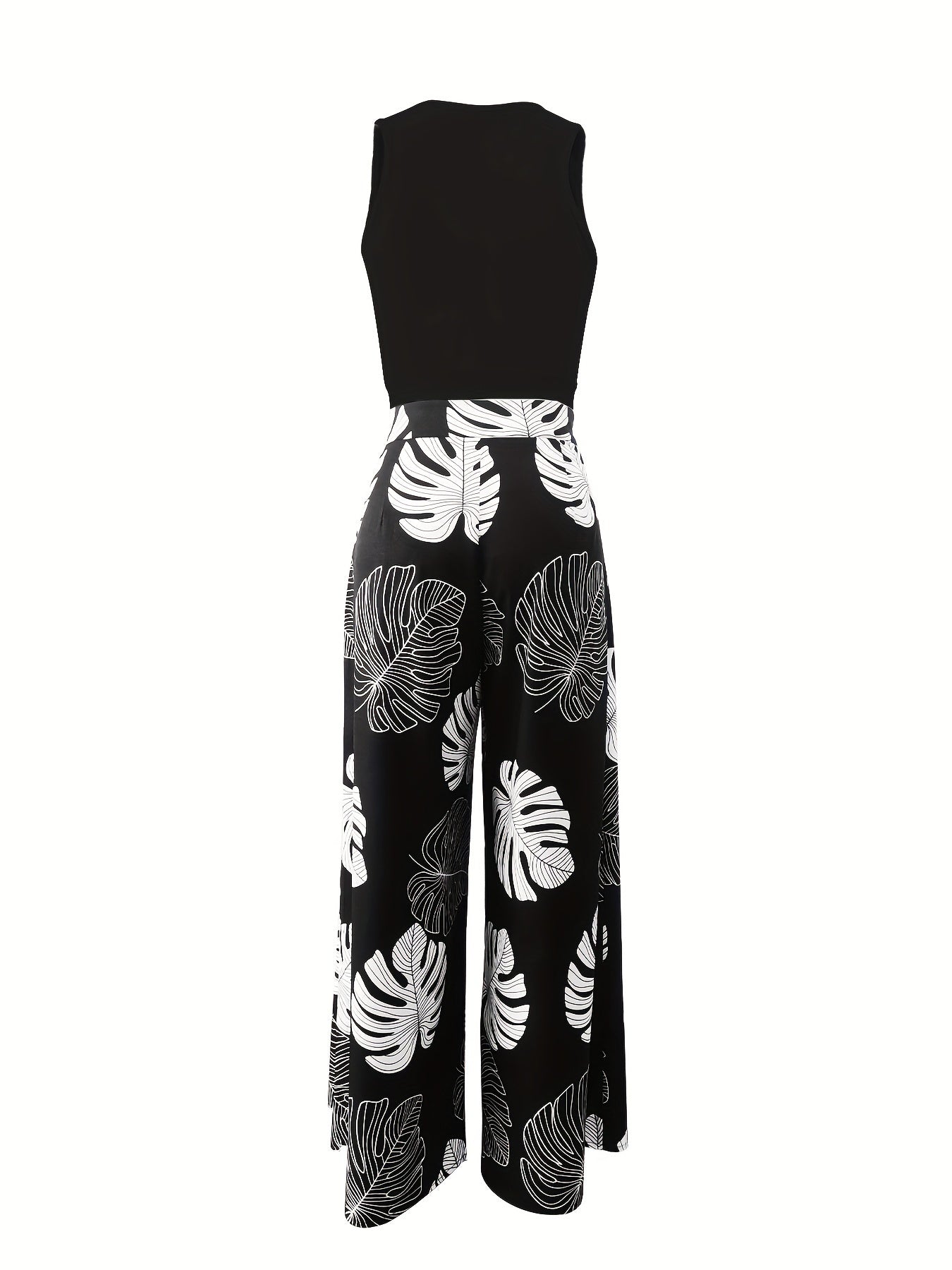 Tropical Two-Piece Set - Elegant Vest-Style Crop Top with Cut-Out Detail & High-Waisted Split Thigh Pants for Spring & Summer - Polyester Micro Elasticity Knit Fabric, Random Print, All Seasons Wear