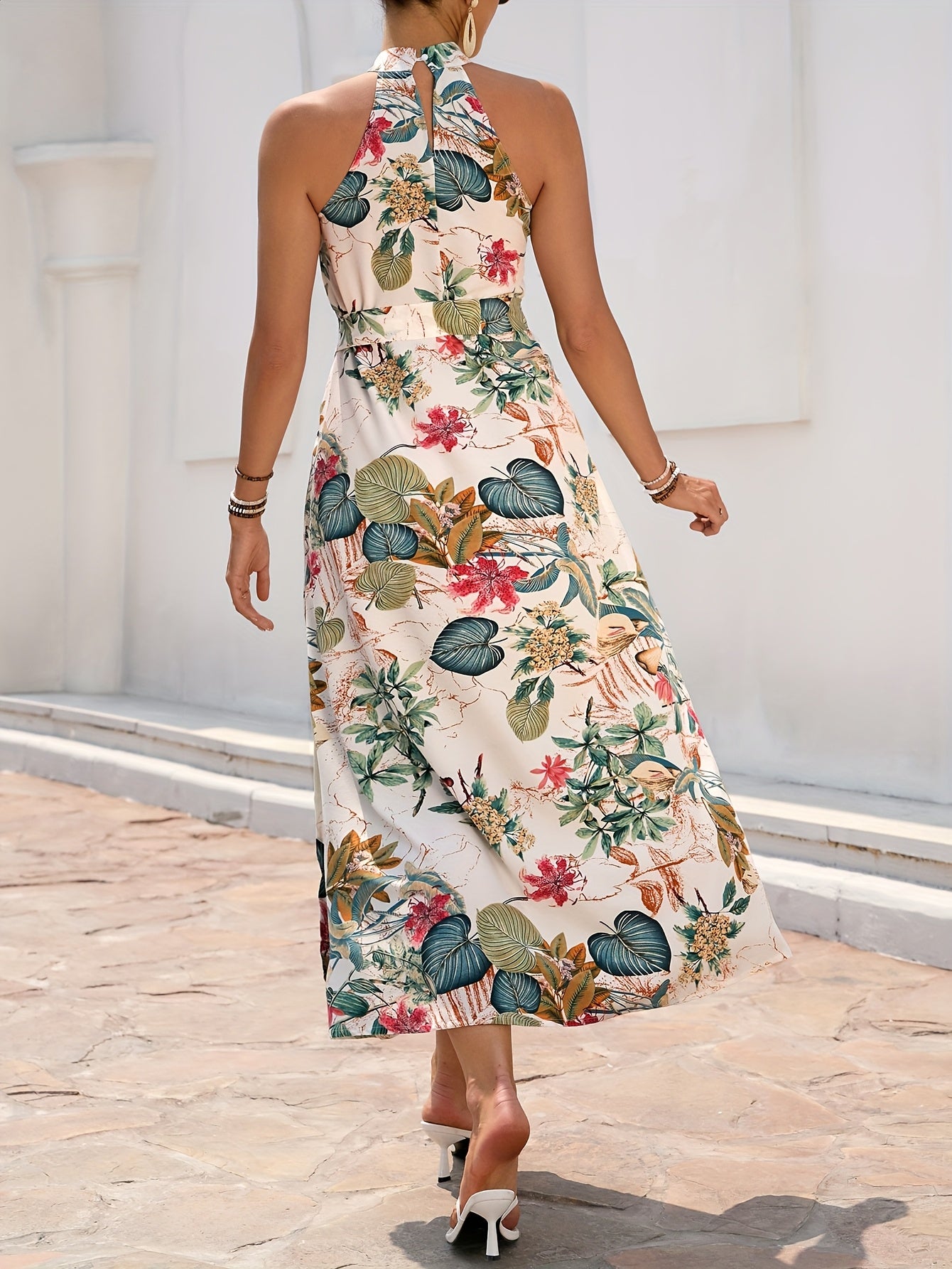 Belted Floral Print Split Halter Dress, Vacation Sleeveless Dress For Spring & Summer, Women's Clothing