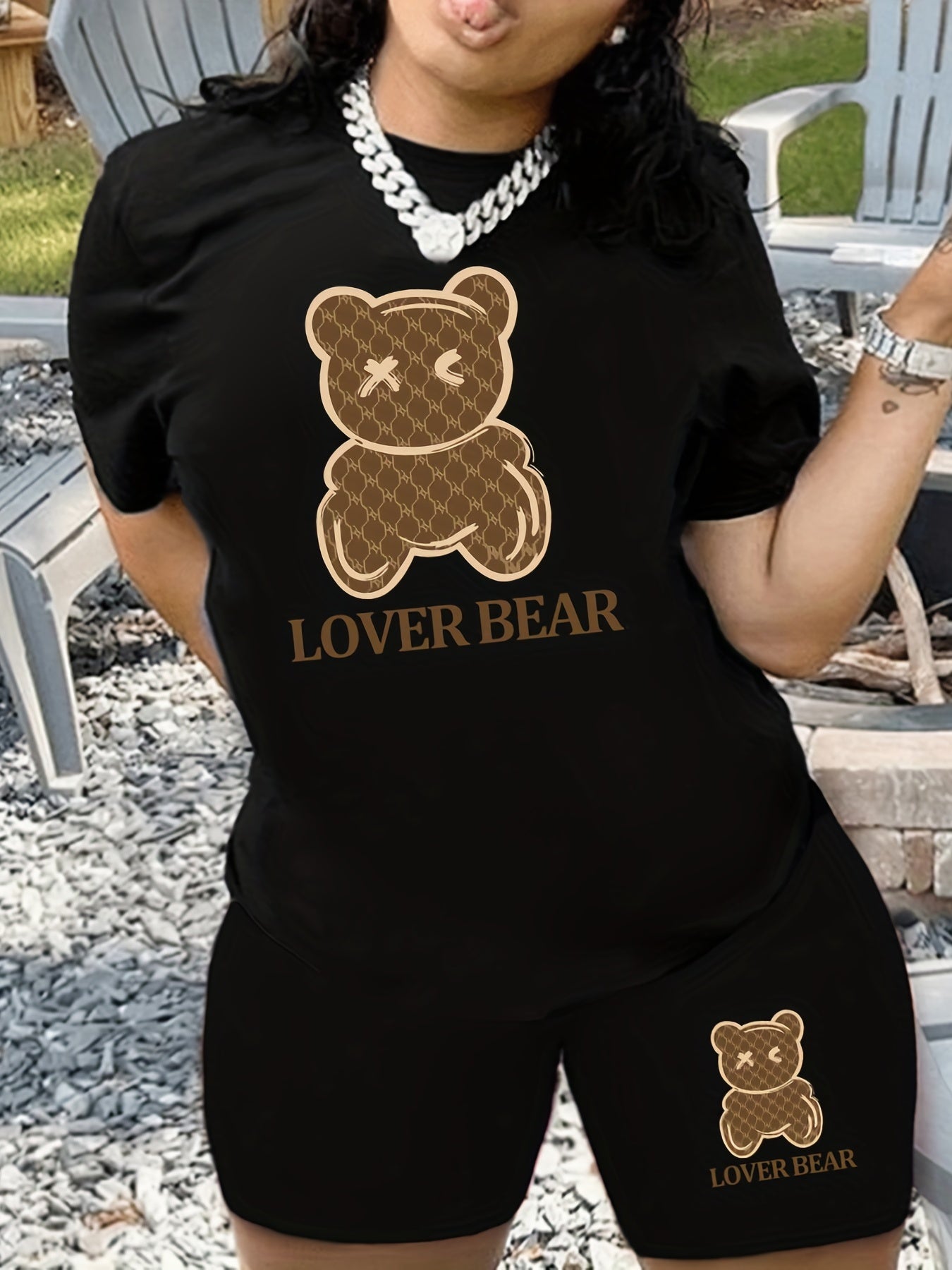 Two-piece Set, Cartoon Bear Print Crew Neck Short Sleeve T-shirt & Slim Shorts Outfits, Women's Casual Clothing