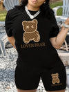 Two-piece Set, Cartoon Bear Print Crew Neck Short Sleeve T-shirt & Slim Shorts Outfits, Women's Casual Clothing