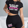 Women'S Casual "BLOCK his Number" Graphic Crop Top and High-Waisted Shorts Set - Black, Spring/Summer Outfit, Polyester Blend, Round Neck, Short Sleeves