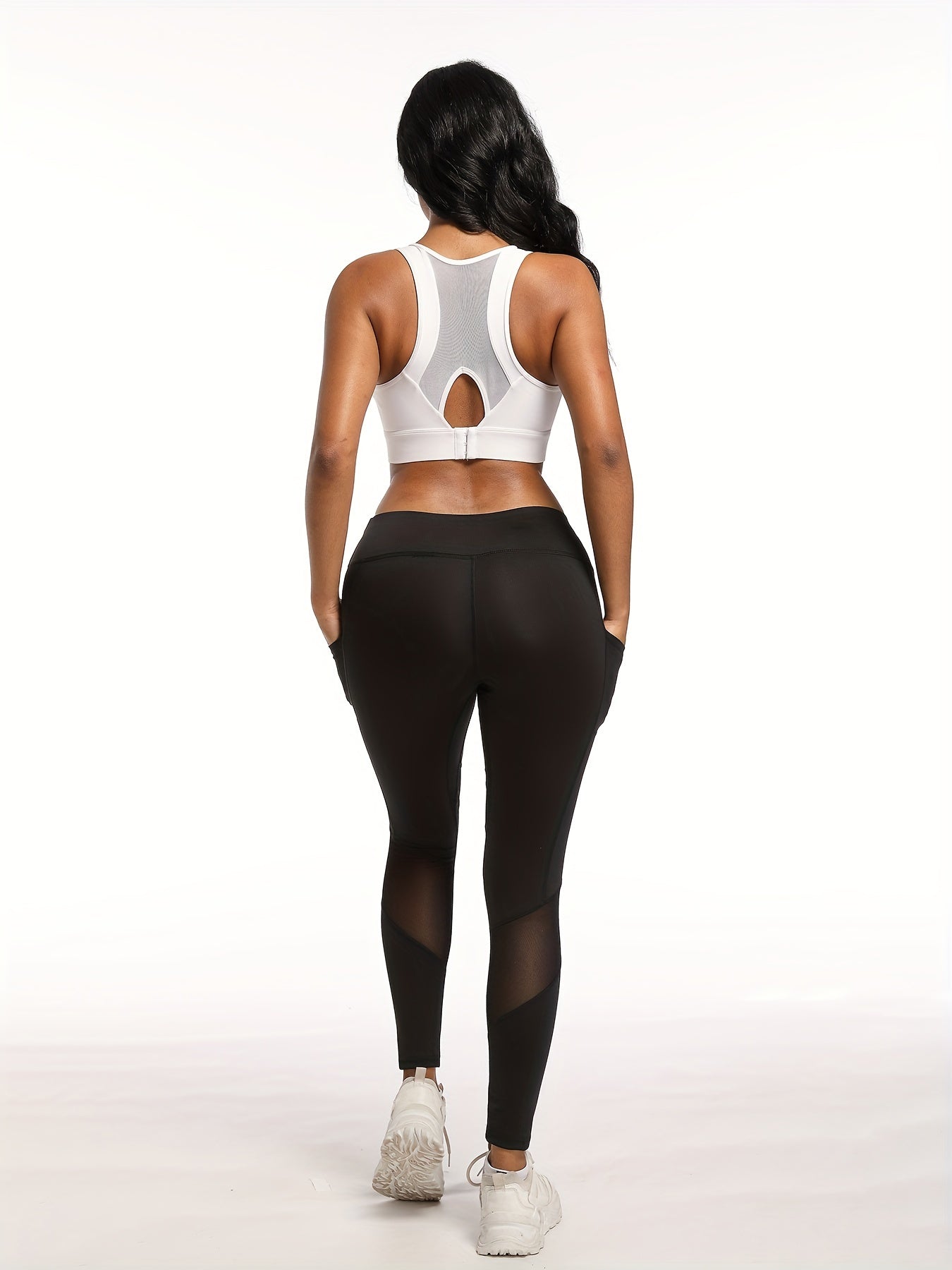 High-Waist Elegant Black Mesh Panel Yoga Leggings for Women - Stretchy & Comfortable, Slim Fit Ankle-Length Workout Pants with Phone Pocket, Machine Washable