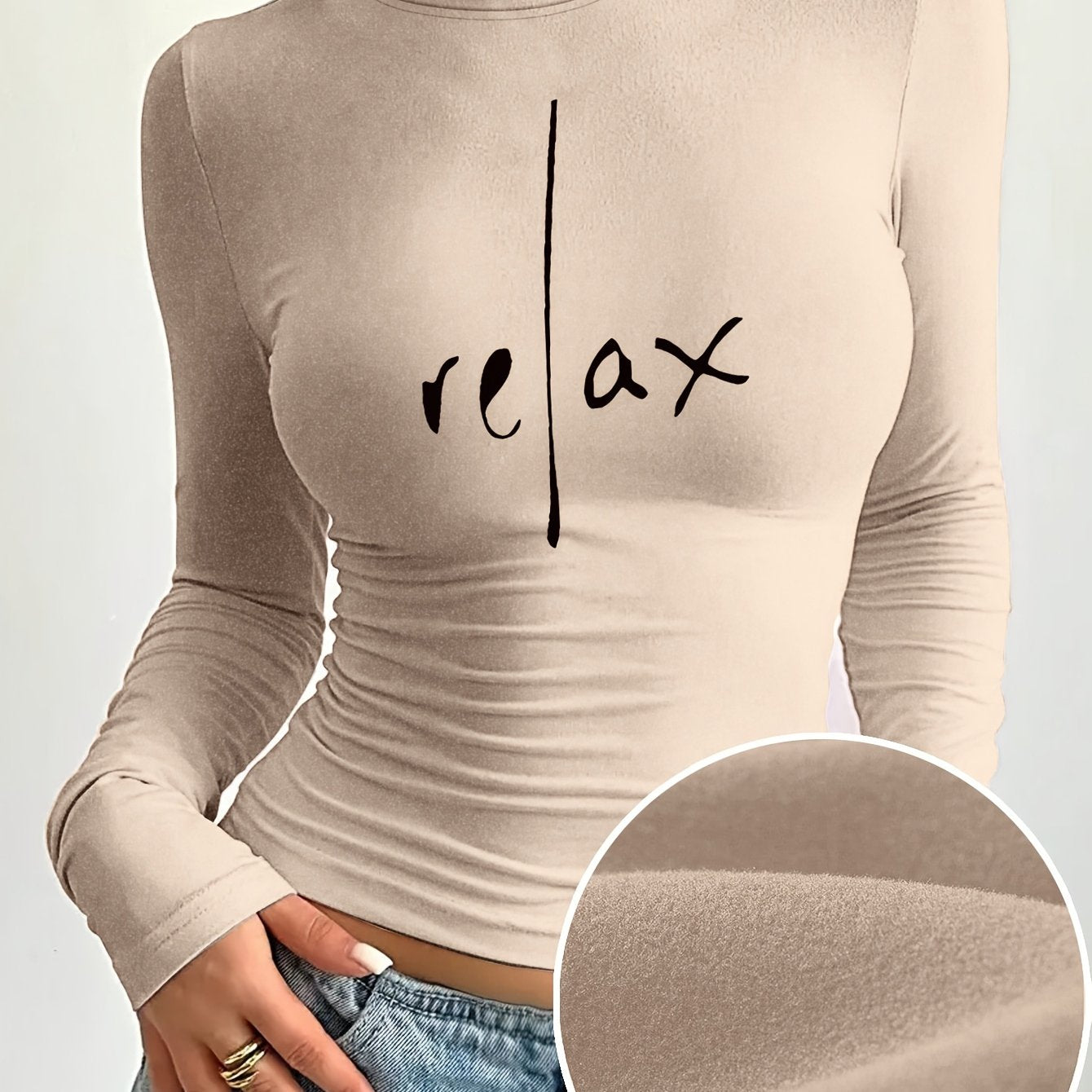 Women'S Elegant Long Sleeve Crew Neck T-Shirt with "Relax" Letter Print, Knit Polyester Blend, Skinny Fit, Short Length, Medium Stretch, Fall/Winter Casual Layer Top