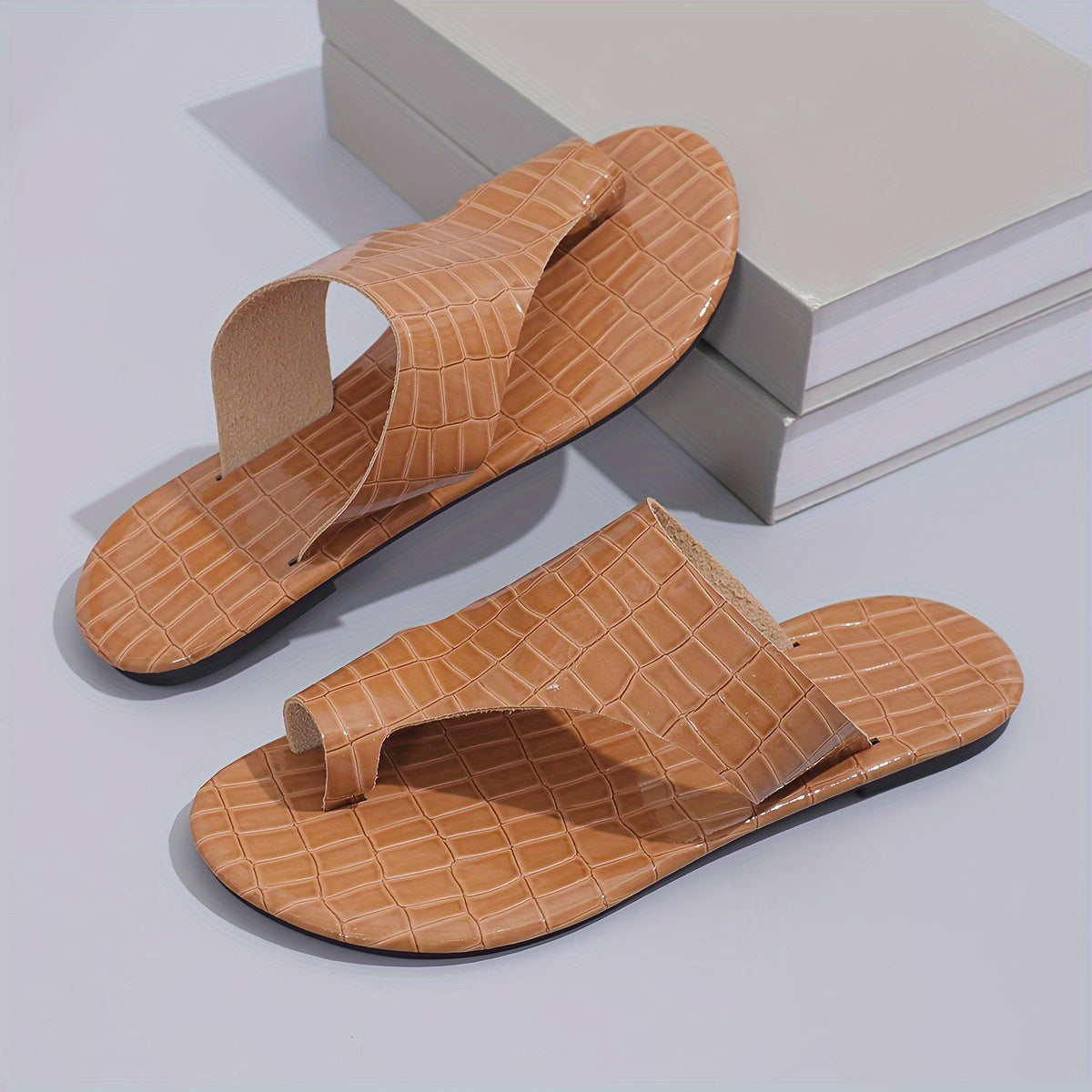 Women's Metallic Slide Sandals, Casual Loop Toe Flat Summer Shoes, Lightweight Slide Sandals