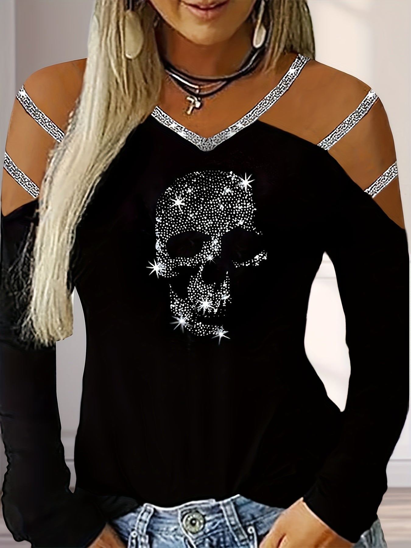 Women Autumn V-Neck Sexy Cold Shoulder Long Sleeve Tops T-Shirt Ladies Pullover Casual Blouse