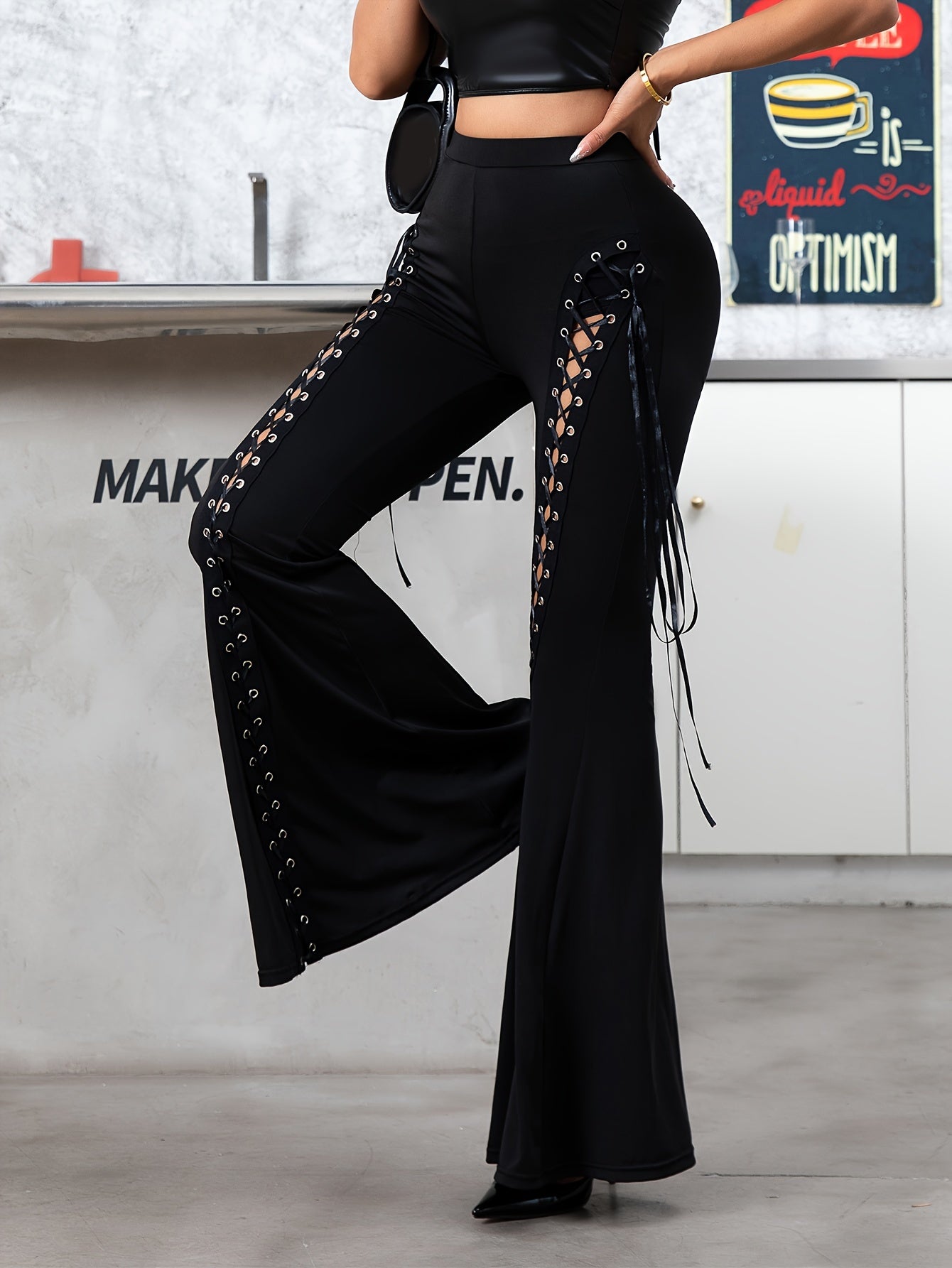Flattering Flared Pants with Lace-up Accents - Stylish Polyester Blend Knit Fabric - Fashionable Adult Size for Fall/Winter - Comfortable, Figure-Hugging Design with Knit Fabric for Ultimate Freedom of Movement