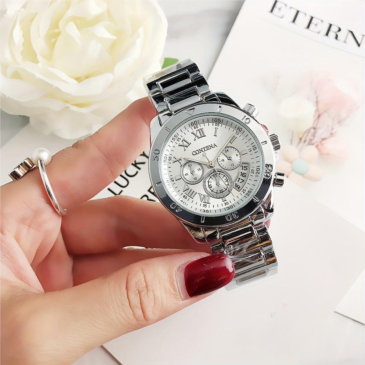 Quartz Watch For Women Stainless Steel Wrist Watch Alloy Pointer With Bracelet Set For Gifts Women daily uses Gifts For Eid