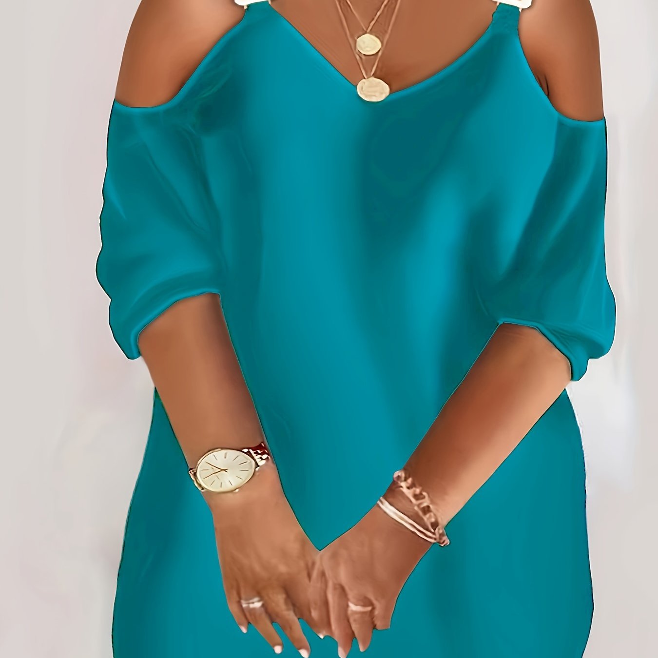 Plus Size Women's Casual Cold Shoulder Dress - V-Neck with Metal Chain Detail, Teal Blue, Sleeve, Relaxed Fit for Summer, Nontransparent Fabric