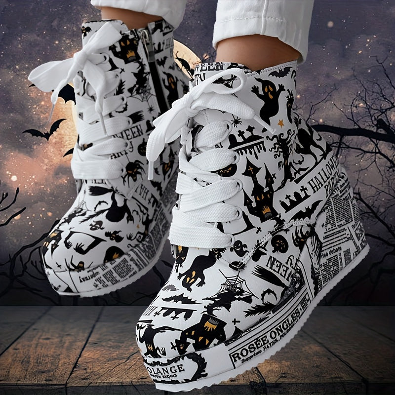 Women's Halloween Theme Boots, Lace Up Platform Lace Up Walking Shoes, High-top Wedge Winter Boots