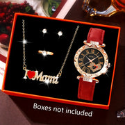 Ladies Watch 5pcs/Set Women's Pu Strap Quartz Watch with Bejeweled Dial And Rhinestone Necklace Earings Rings & Accessories Gift Set Mother's Day Women Party Holiday Birthday Wear Or As Sisters The Best Gift for A Lady No Box
