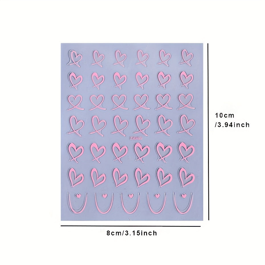 8pcs Rectangle Self-adhesive Glossy Plastic Nail Stickers, Pink Black White, Heart Pattern, Valentine Design, Golden Geometry Wave Lines Stripe Stars, Fantasy Theme, with Glitter, for Manicure Decoration