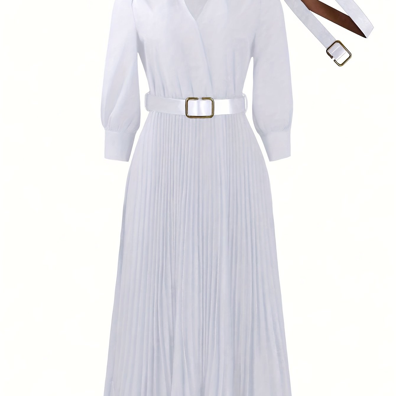Elegant V-Neck Pleated Midi Dress with Belt for Women - Chic Long Sleeve, Cinched Waist, Ribbed Texture, Perfect for Spring & Fall Formal Event