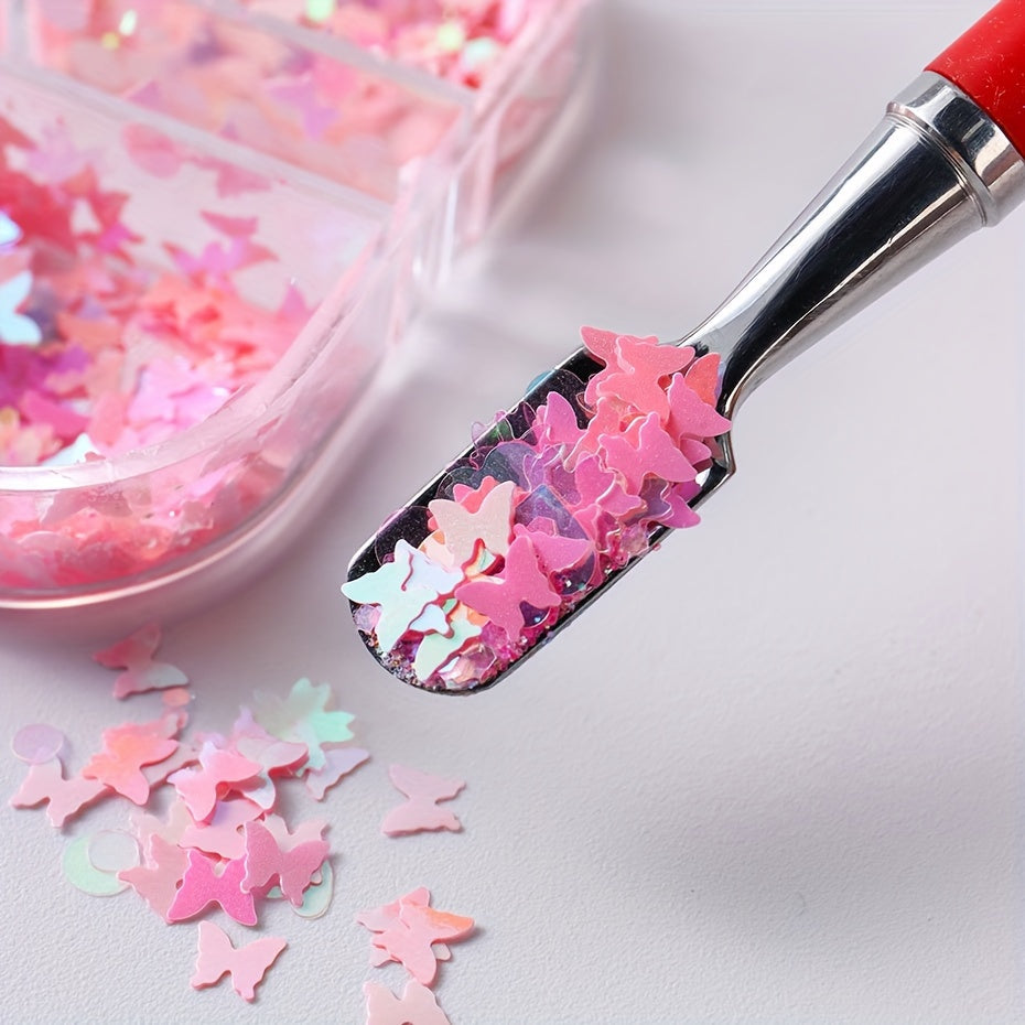FULL BEAUTY 12 Grids Pink Glitter Nail Flakes, Holographic Hexagon Irregular Sequins, Sliced Sparkly Crystal Pigment Powder for Manicure Decoration, Hypoallergenic Rectangle Shape, Nail Charms