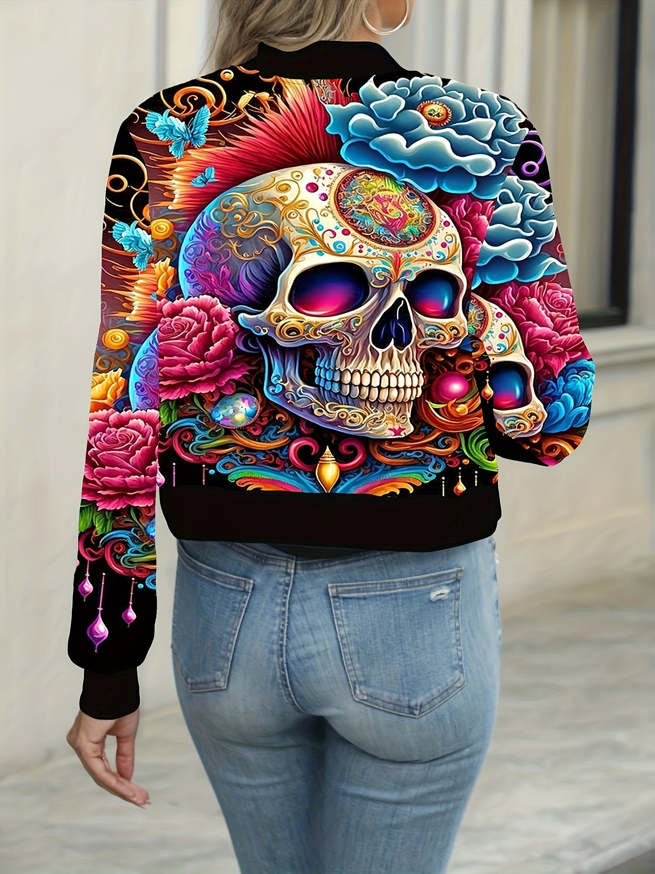 Vibrant Floral & Skull Print Zip-Up Jacket - Long Sleeve, Casual, Spring & Fall Essential, Women's Fashion Clothing with Adjustable Waist and Comfortable Fit
