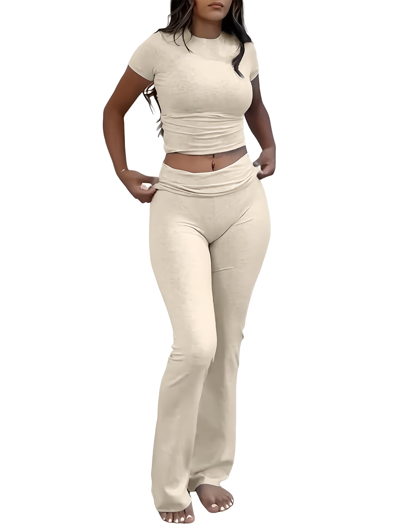 Women's Casual Slim Fit Two-Piece Pants Set – Short Sleeve Crew Neck T-Shirt & High Stretch Flared Leg Sport Pants Outfit