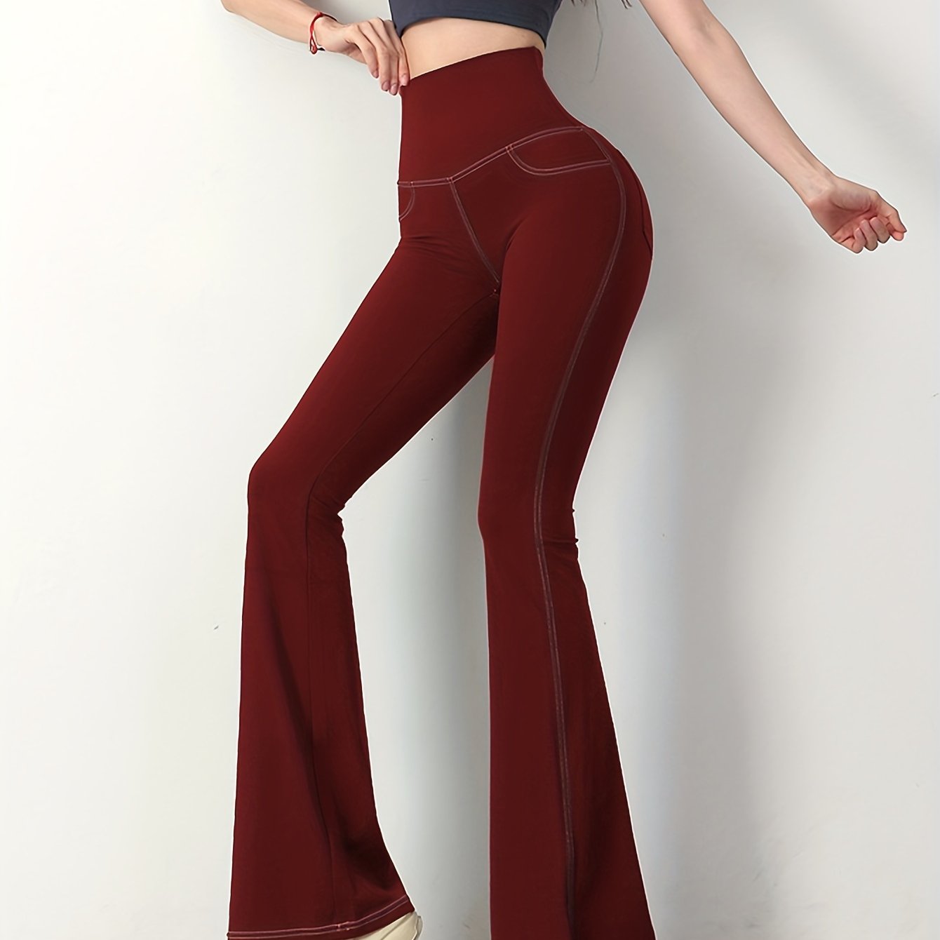 Solid Color Imitation Denim Yoga Pants With Pockets, Sports Fitness Yoga Running Flared Leggings, Women's Clothing Wide Waistband