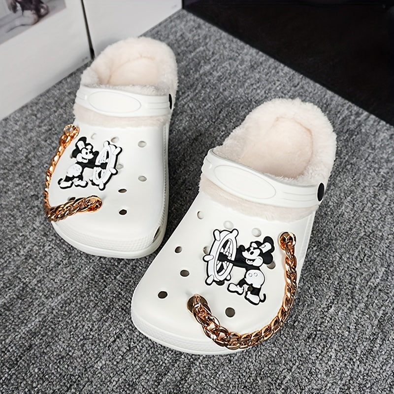 Women's Winter Thermal Clogs – Cartoon Pattern, EVA Sole, Fabric Liner, Golden Chain Detail