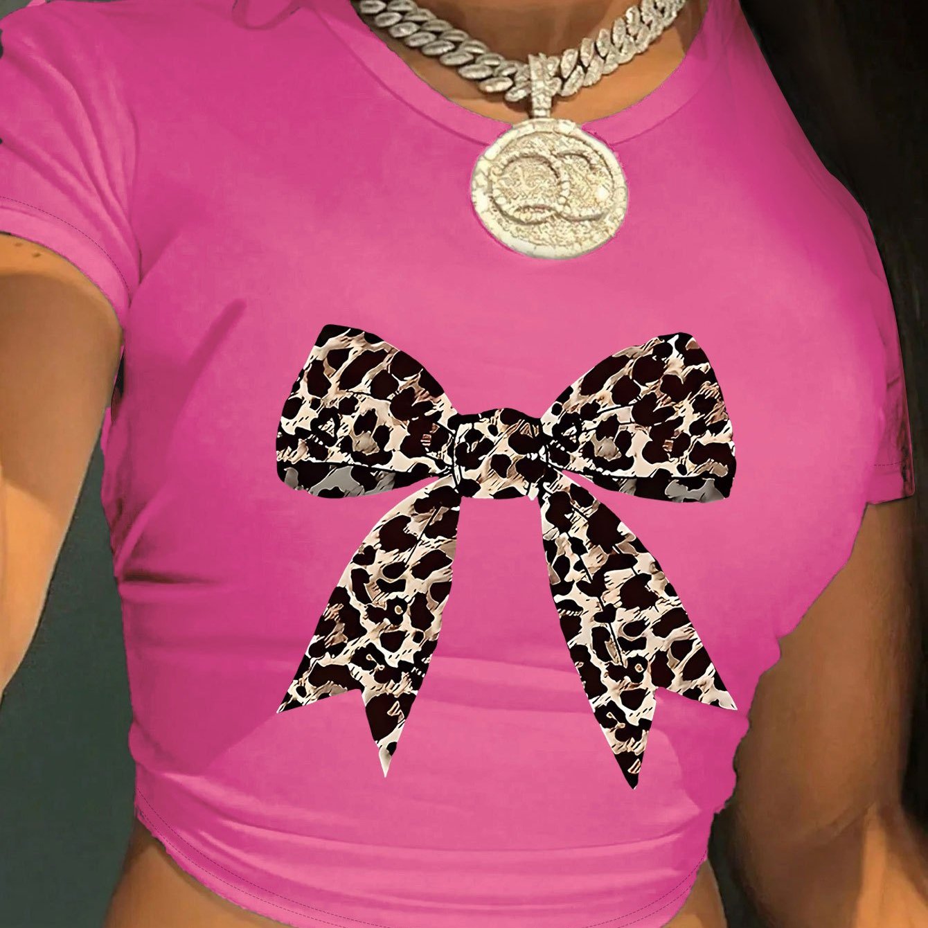 Women's Y2K Leopard Bow Print Cropped T-Shirt - Light Blue Soft Fabric, Machine Washable, Versatile Casual & Evening Wear, Style Statement Top | Elegant Design | Comfortable Fit, Leopard Print Shirt