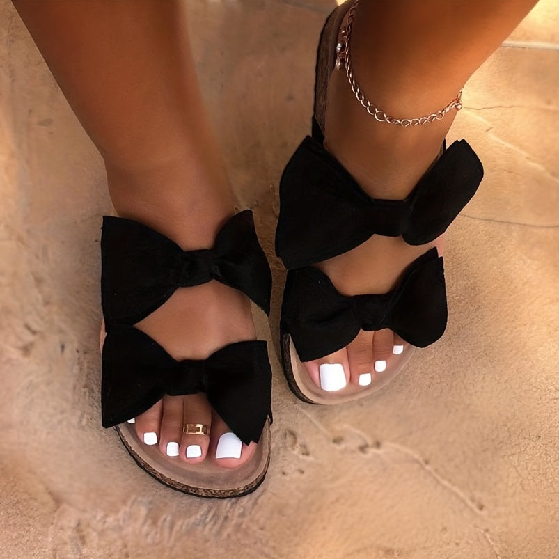 Women's Bow Tie Decor Slippers - Open Toe Round Toe Platform Slides - Fashionable Flat Shoes - For Women - Perfect for Casual Wear & Lounging - Ideal Gift for Her