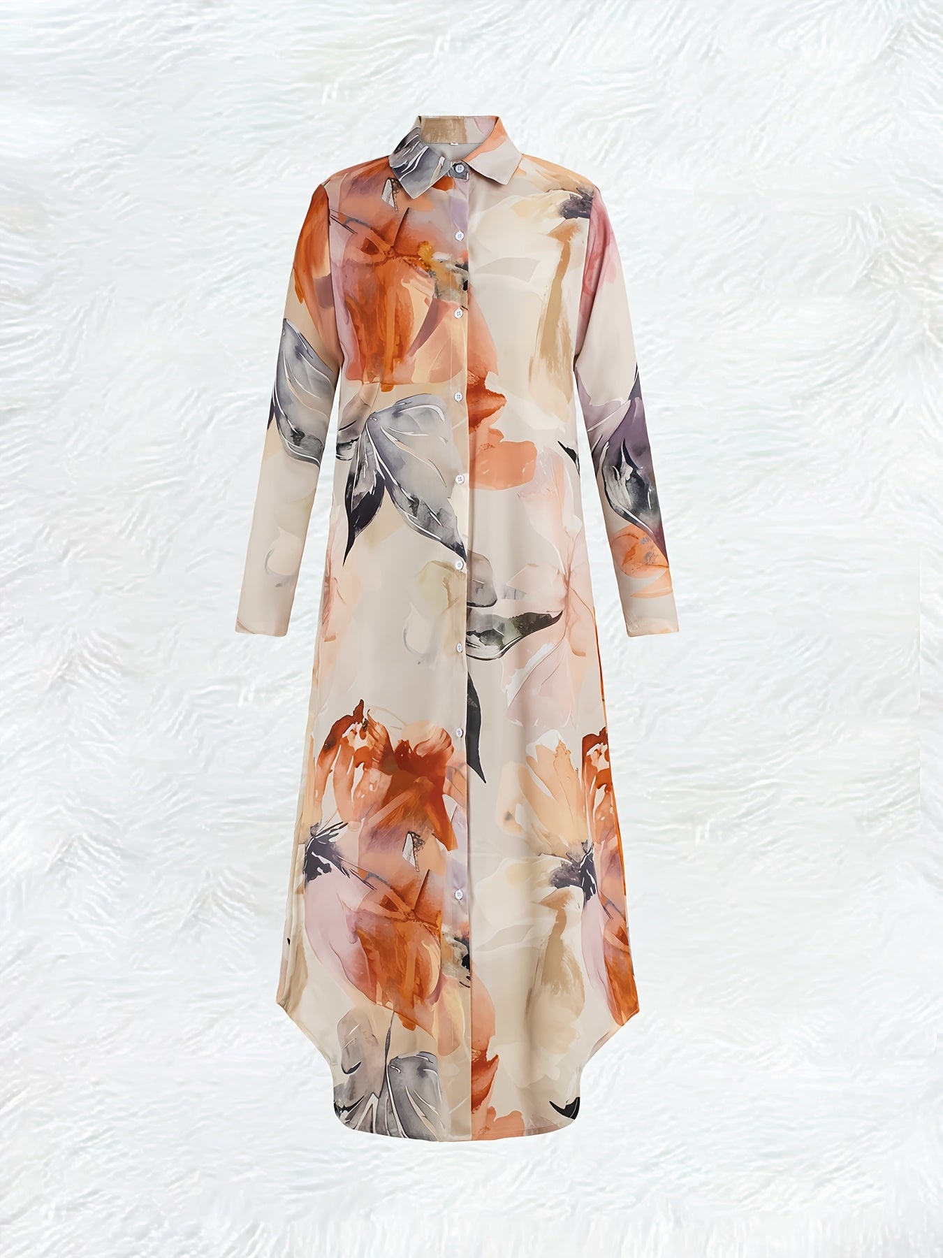 YZH-FLL Women'S Floral Print Long Sleeve Dress - Casual Polyester Shirting with Lapel Collar and Button Details, Woven Plant Pattern for Spring/Fall