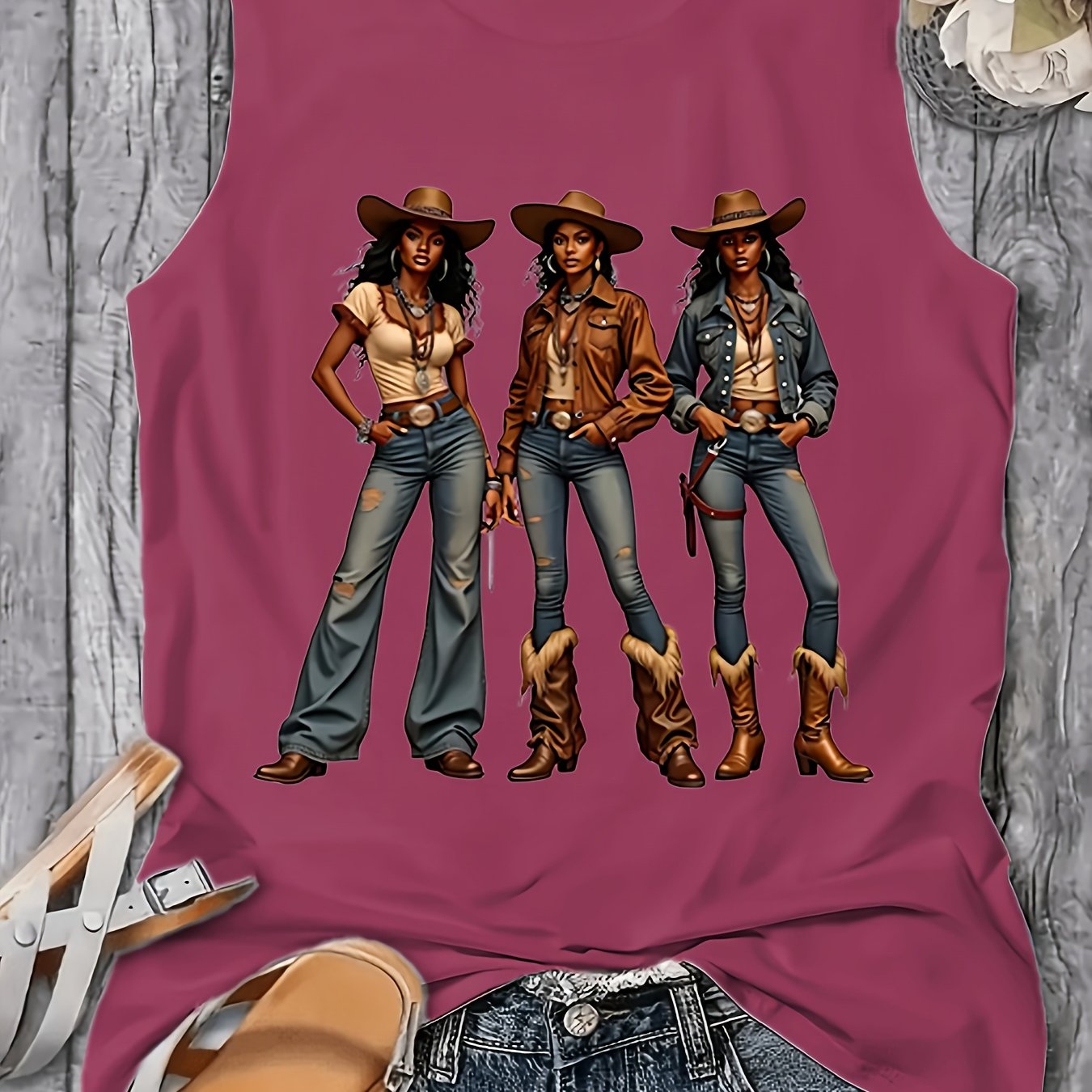 Western Style Denim Printed 160G Women'S Casual Round Neck Vest, Spring And Summer Women'S Vest, Simple Design, Machine Washable, Surprise Gift for Valentine'S Day, New Year And Other Holiday Atmospheres
