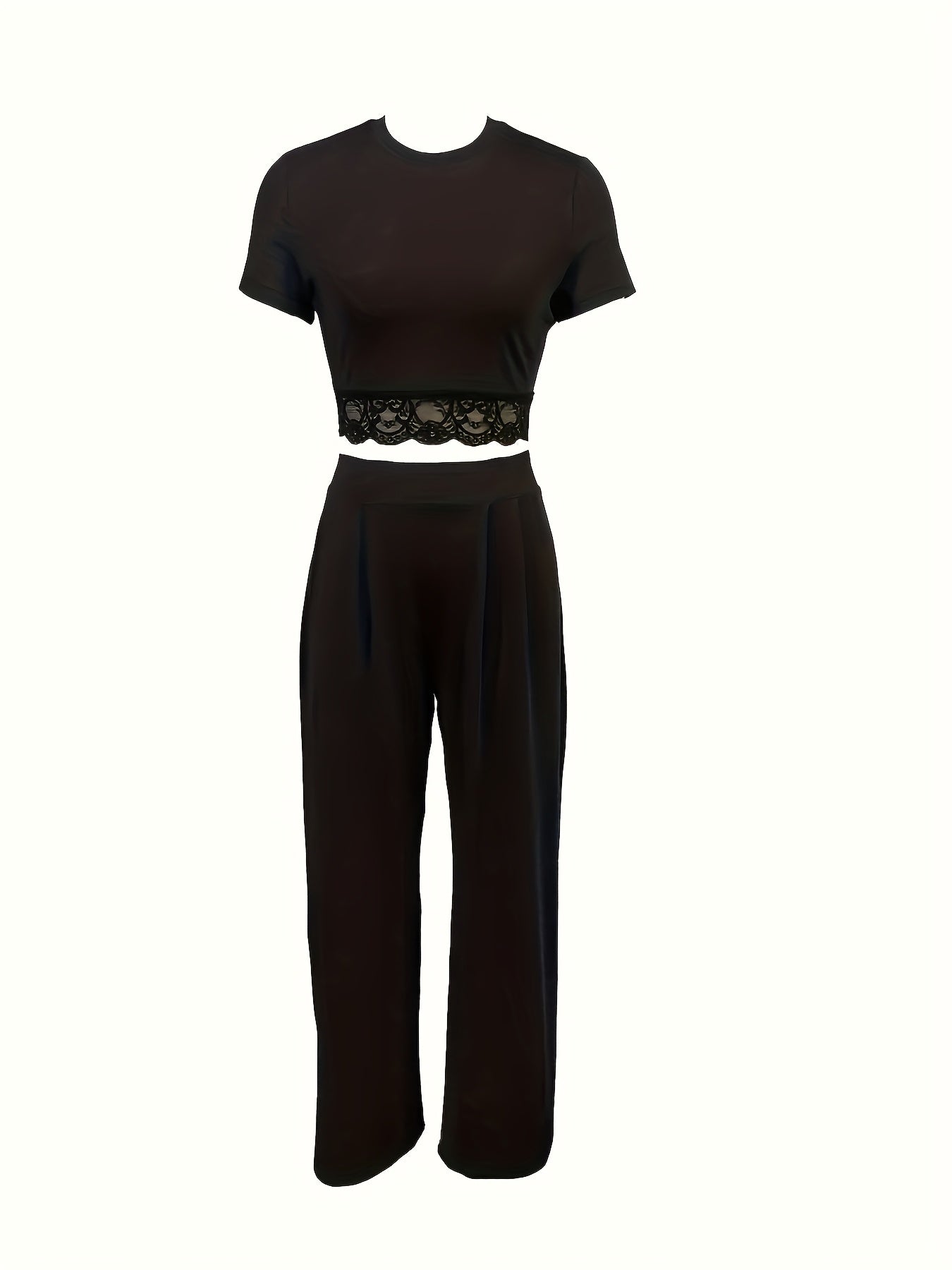 Bohemian Style Women'S Summer Two-Piece Set: Solid Color Short-Sleeve Round Neck T-Shirt And High-Waisted Wide-Leg Pants.