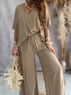 Women's Casual Solid Color Pants Set – Half Sleeve V-Neck Top & Wide Leg Pants, Lightweight Knit Outfit for Spring & Summer