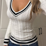 Women's Slim-Fit Cable Knit Sweater with Striped Trim & Deep V-Neck - Long Sleeve Casual Top for Spring/Autumn, Elegant Contrast Design, Hand Wash/Dry Clean, Ladies Sweaters