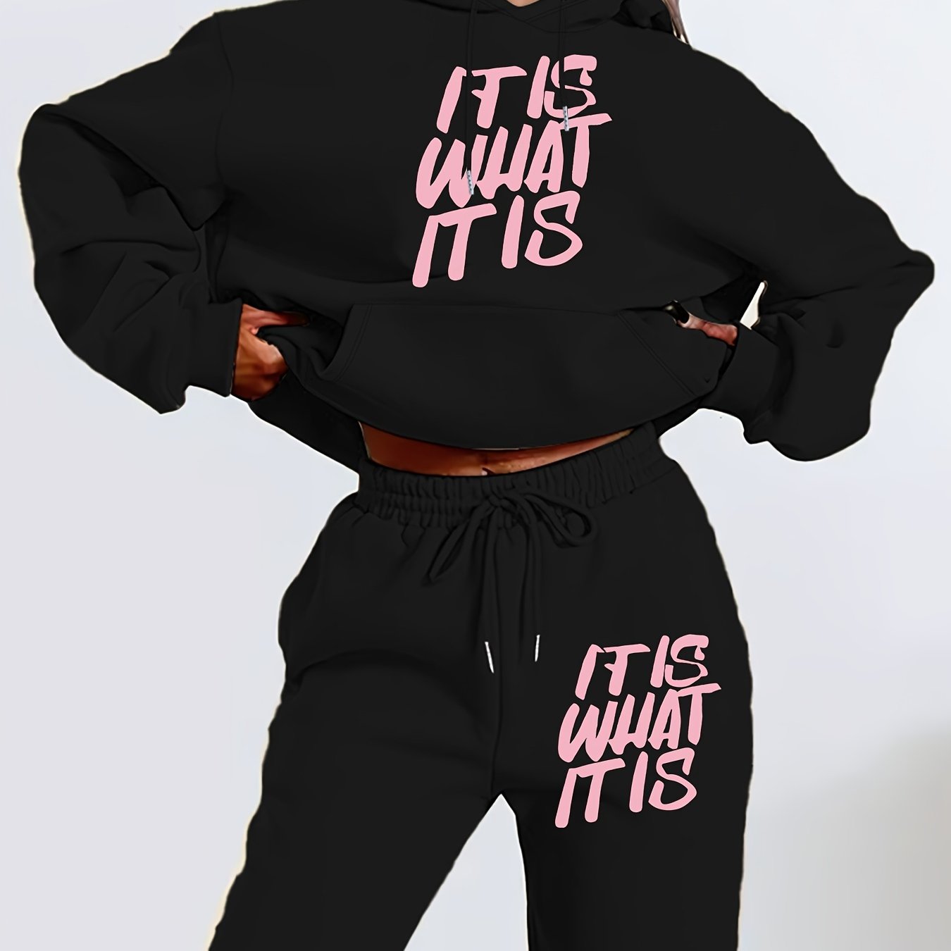 [Geometric Print Hoodie Set] Long Sleeve Geometric Print Hoodie & Jogger Set - Polyester Blend, Machine Washable, Kangaroo Pocket - Women's Casual Fall/Winter