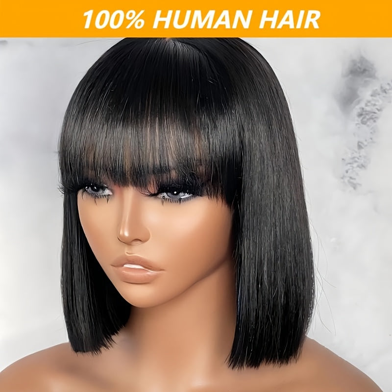 Burgundy Brazilian Virgin Human Hair Wig - 99J Short Straight Bob with Bangs, Glueless Comfort Fit, 180% Density Rose Net Cap, Natural Black Real Human Hair for Women, All Ethnicities, Perfect Gift, Short Hair Wigs, Stylish H
