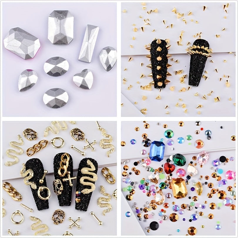 300 Pieces Of Y2K Black Golden Silvery Punk Cone Rivet 3D Golden Skull Cross Chain Snake Pattern Retro Alloy Golden Nail Pendant Glass Pointed Bottom Gem Resin Water Drill Female Girl Golden Nail DIY Nail Art Decoration Set