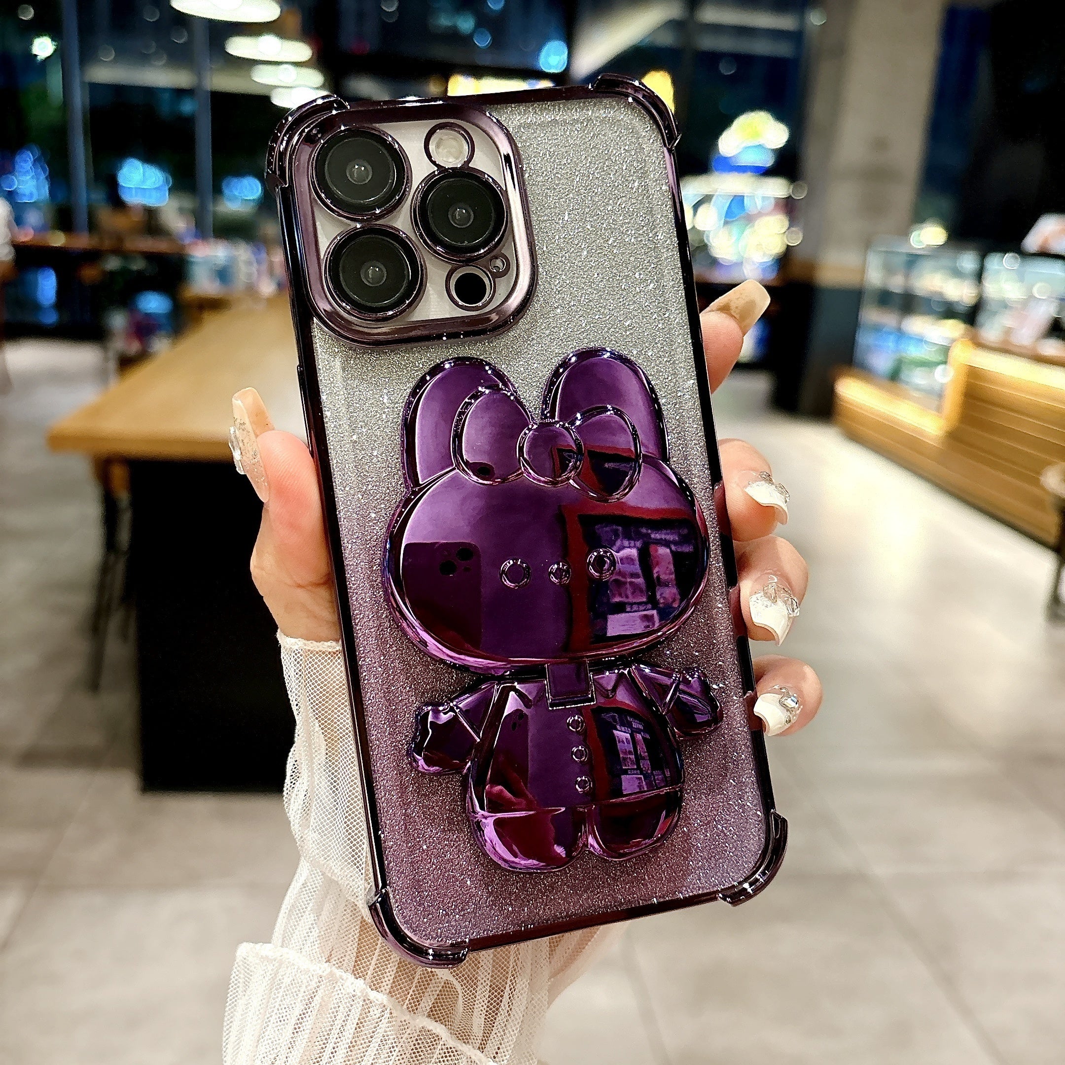 New Luxury Diamond-Inlaid Sparkling Invisible Makeup Mirror Mobile Phone Holder with Lens Protection, Cute Rabbit Holder Mobile Phone Case, Suitable for iPhone11/12/13/14/15/16 Pro Max/plus Mobile Phone Case Luxury Halloween-