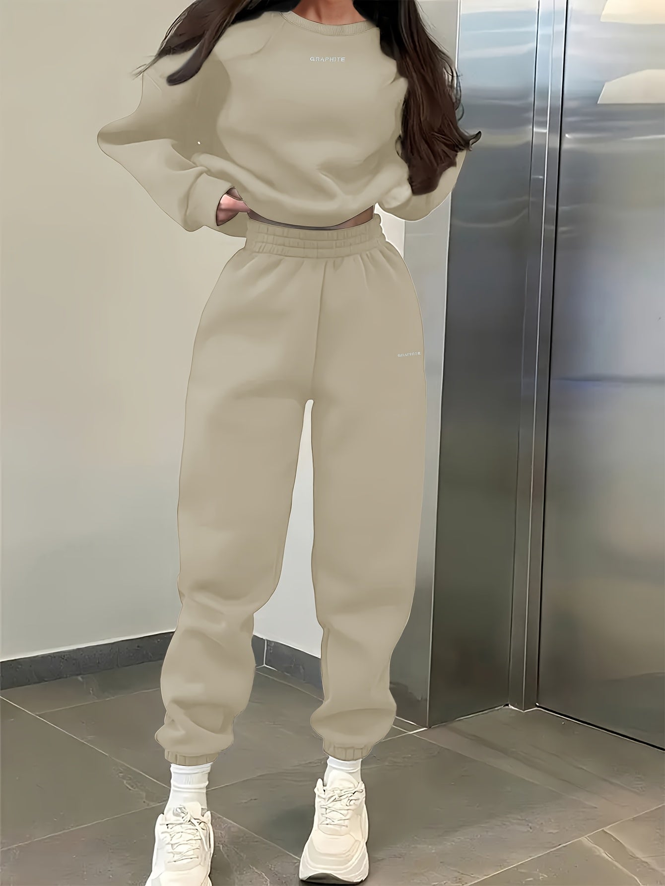 Women'S Spring/Fall Casual Sportswear Set, Polyester 100% Long Sleeve Pullovers with Embroidered Alphabet Design, Crew Neck Drop Shoulder Knit Fabric, Medium Stretch, Loose Fit Sweatshirt and Pants Set