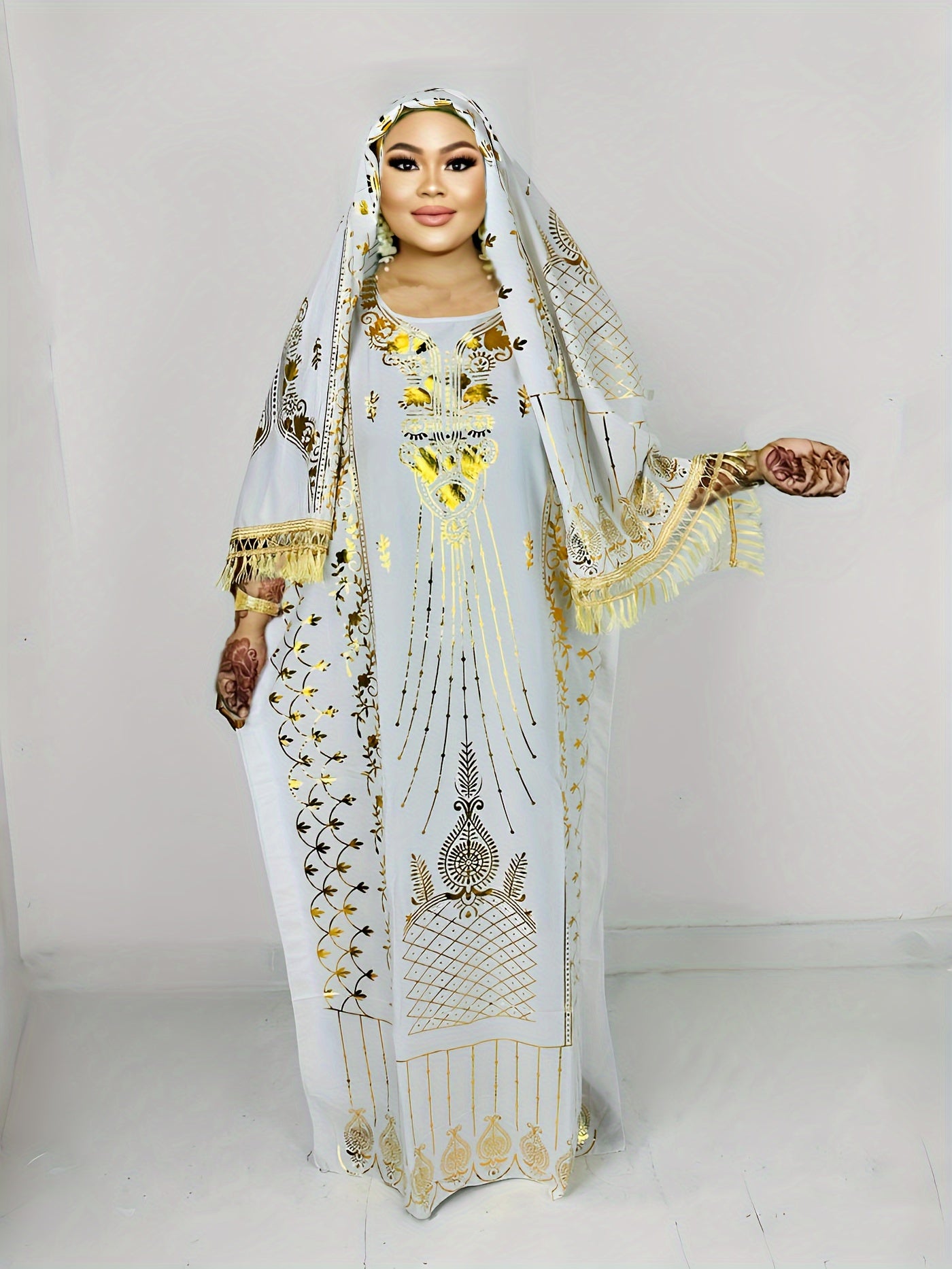 Plus Size Floral Pattern Maxi Kaftan Dress - Classic Crew Neckline, Dramatic Batwing Sleeves, Elegant Design - Designed for Plus Size Women, Part of Our Womens Clothing Collection