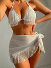 Women's 3pcs Bikini Set, Fringe Trim Swimsuit with Cover Up Skirt, Adjustable Tie Side Top & Beach Wrap
